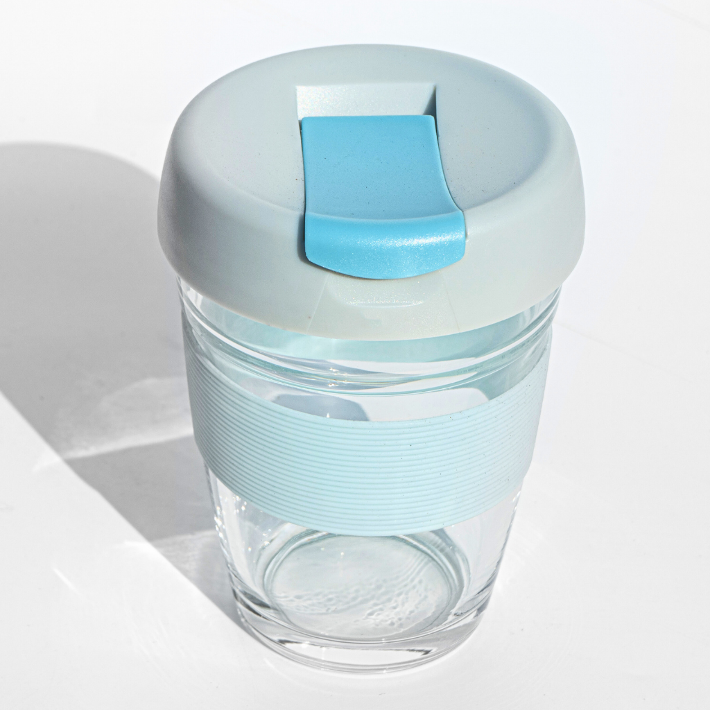 300ml glass travel sipper with a spill-proof lid, silicone grip & compact design, perfect for coffee lovers on the go!