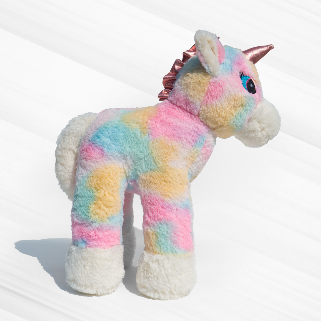 Standing unicorn plush toy in pastel rainbow colors, made with super soft plush material, ISI-certified, kid-safe, stress-relieving & huggable, perfect for all ages.