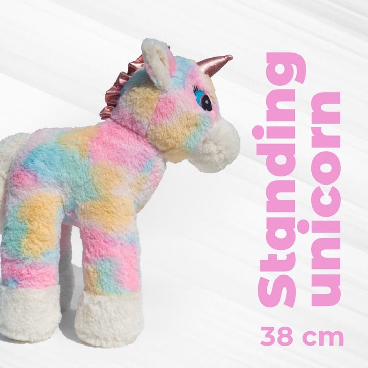 Standing unicorn plush toy in pastel rainbow colors, made with super soft plush material, ISI-certified, kid-safe, stress-relieving & huggable, perfect for all ages.