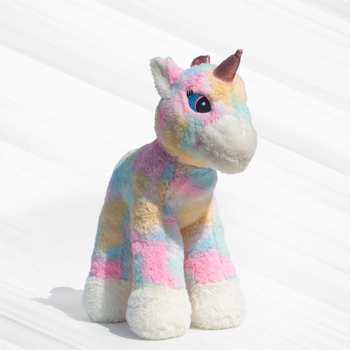 Standing unicorn plush toy in pastel rainbow colors, made with super soft plush material, ISI-certified, kid-safe, stress-relieving & huggable, perfect for all ages.