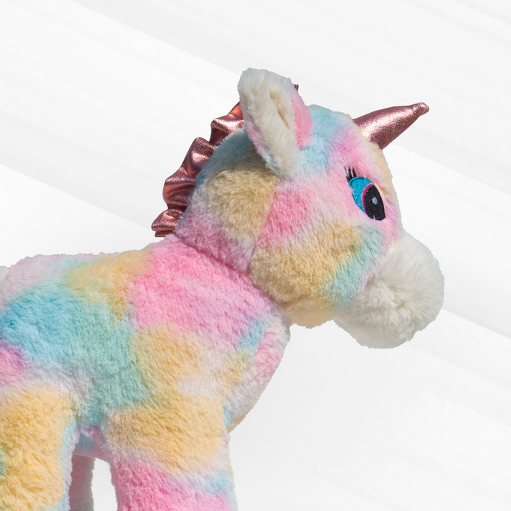 Standing unicorn plush toy in pastel rainbow colors, made with super soft plush material, ISI-certified, kid-safe, stress-relieving & huggable, perfect for all ages.