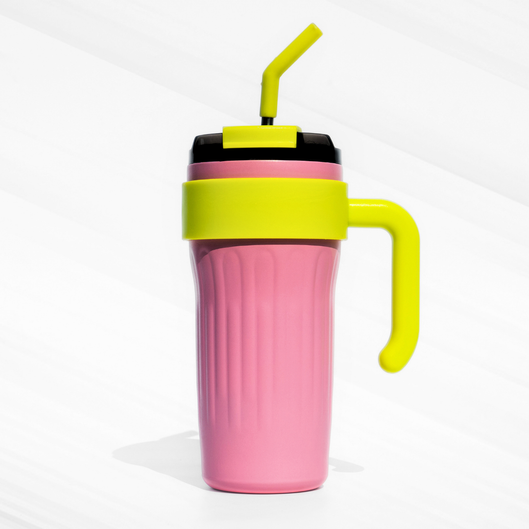 Aesthetic Stanley-style pastel tumbler with a matte ombré finish, handle & straw, made of SS304 stainless steel, keeps drinks hot/cold for hours.