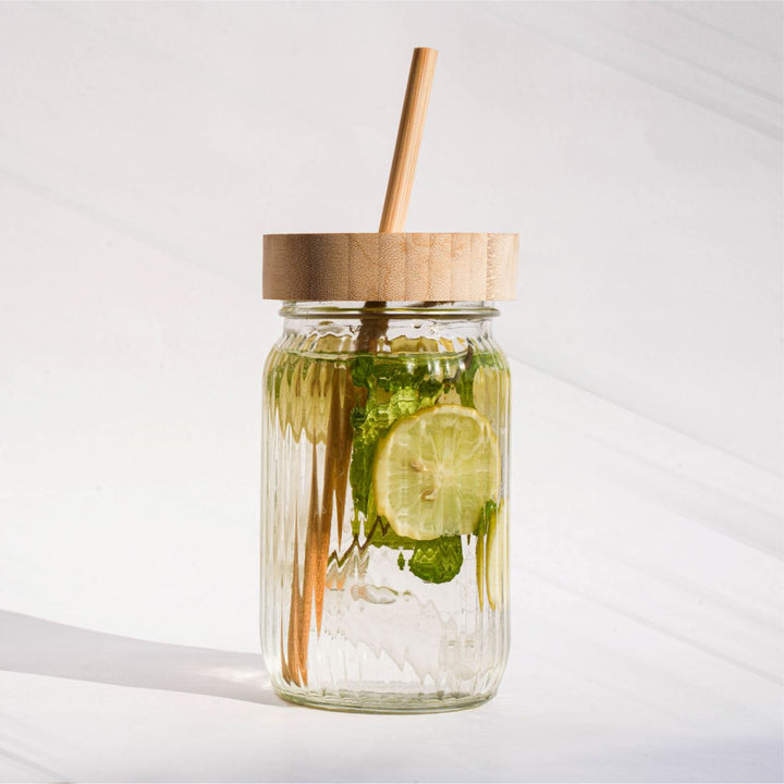 Eco-Friendly Glass Sipper Jar with Bamboo Lid and Straw