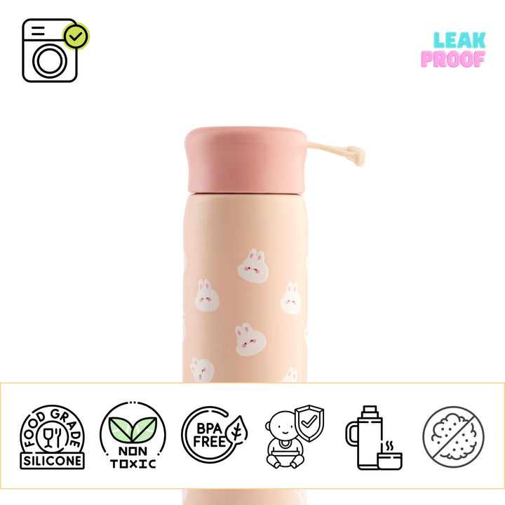 Refillable stainless steel insulated bottle with a cute [Animal name] design, leakproof lid. Perfect for travel.