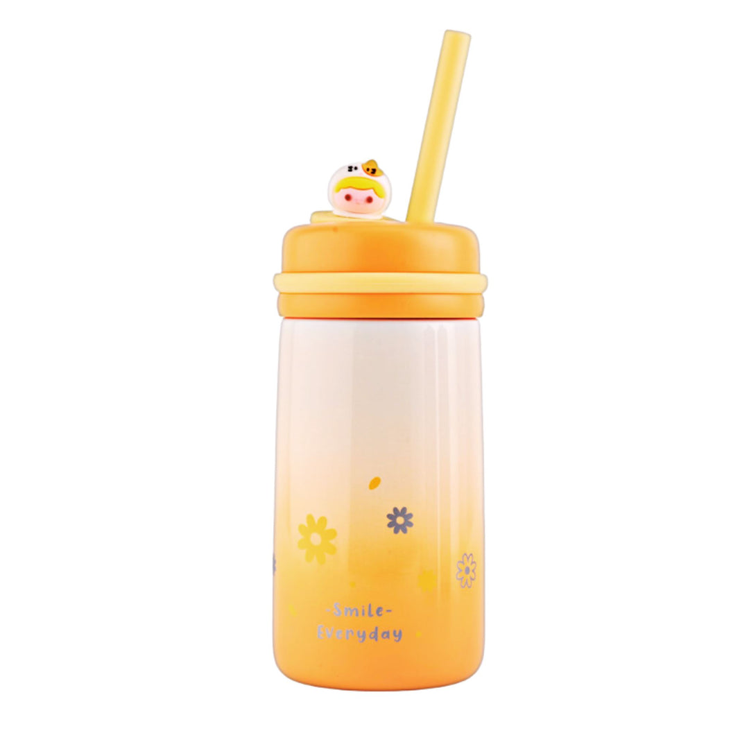  Refillable stainless steel insulated bottle with a leakproof lid and a built-in straw. Pastel floral design. Perfect for travel. 350ml capacity.